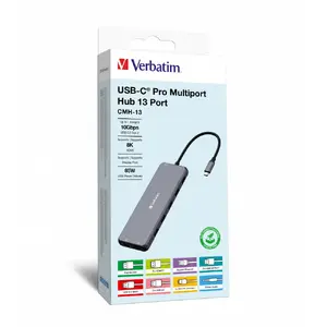 VERBATIM USB Type-C хаб CMH-13 — 13 портов, HDMI, DisplayPort, гигабитный Ethernet, 10000 Mbit/с, серебристый