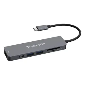 VERBATIM USB-C мультипорт хаб 6 портов (HDMI 4K, USB-C PD, USB-A 3.2 Gen1, USB-A, SD и microSD) серый