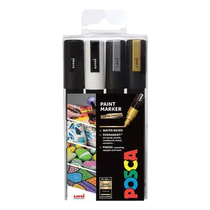 Marķieru komplekts uni-ball POSCA PC-5M, 4 krāsas: melna, zelta, sudraba, balta, vidējs gals