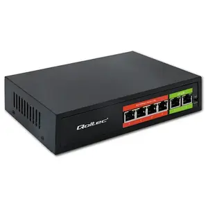 Ethernet PoE Switch QOLTEC 52289 — 4x RJ45 PoE ports, 2x RJ45 uplink, 65W power budget