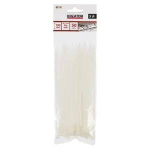 Kabeļu saites, KREATOR KRTH41004, baltas, 4.8 x 190 mm, 50 gab., temperatūra -40°C līdz 85°C, izturība 23 kg