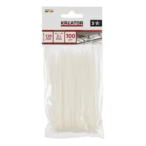 Kabeļu saites baltas KREATOR KRTH41002 2.5×120 mm, 100 gab., darbības temperatūra -40°C…85°C, izturība 8 kg