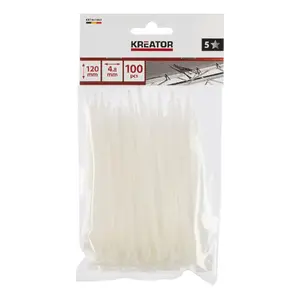 Kabeļu saites KREATOR 4.8x120 mm baltas, 100 gab., darba temperatūra -40°C līdz 85°C, izturība 23 kg