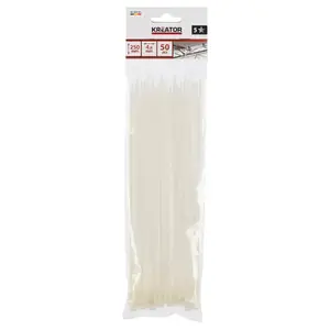 Kabeļu saites KREATOR 4.8x250 mm baltas, 50 gab. — izturība 23 kg, temperatūra -40°C līdz 85°C