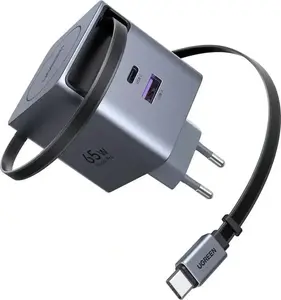 Зарядное устройство UGREEN X615 65W GaN с 1x USB-C, 1x USB-A и выдвижным кабелем (модель 65825)