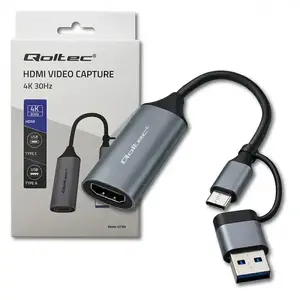 Video uztveršanas karte QOLTEC USB-C/USB-A uz HDMI 4K 30Hz alumīnija korpuss