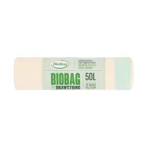 Компостируемые мешки для мусора с затяжкой BioBag 50 л (10 шт. в рулоне) 25 мкр, 60×70 см, зелёные