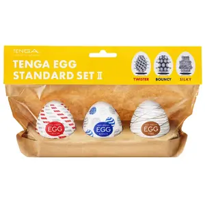 Disposable masturbator pack TENGA Egg Standard x3 — 3 textured TPE sleeves, total length 7 cm, includes lubricant, stretchable, single-use