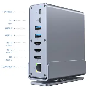 Gembird 15-в-1 USB Type-C мультипортовый адаптер A-CF-COMBO15-01 — USB 3.2 Gen 2, 4× Type-C, 2× HDMI, DisplayPort, PD 3.0, SD, Gigabit LAN, 3.5 мм, серый