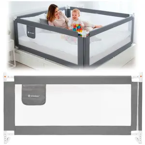 Защитный боковой барьер для кровати Springos HA7526, универсальный складной для кроватей 200 см, 196×74,5–94,5 см, серый, нержавеющая рама, 210D нейлон