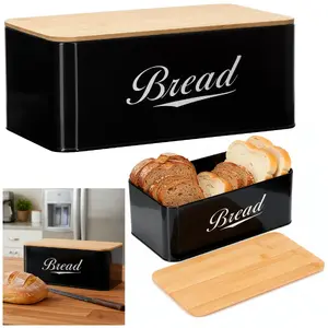 Металлическая хлебница Springos KI0164 с бамбуковой крышкой‑доской, 33×18×14 см, чёрная