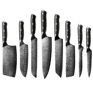 Kitchen knife set Usugiri Kuroha 8-piece, Damascus steel blades, assorted sizes