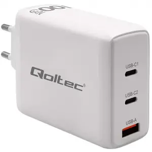 Lādētājs QOLTEC GaN 100W ar 2x USB-C PD un 1x USB QC 3.0, 5–20V, 1.5–5A, balts