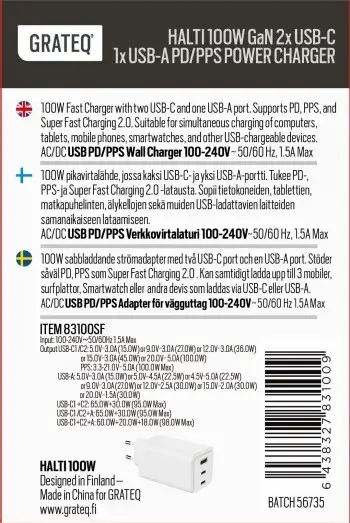 GRATEQ HALTI WALLCHARGER GaN 100W 2xUSB-C 1xUSB-A Photo 4