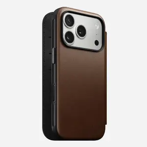 Leather folio phone cover Nomad Modern Leather Folio for iPhone 17 Pro — brown, fits 6.3" (16 cm), 4 card pockets