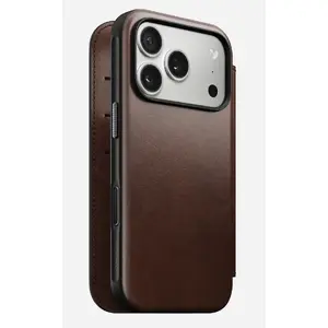 Mobile phone cover Nomad Modern Leather Folio for iPhone 17 Pro, leather/aluminium, 16 cm (6.3") brown, 4 card pockets