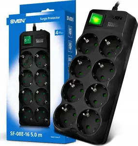 Сетевой фильтр SVEN SF-08E-16, 8 розеток, кабель 5,0 м, 16 A, 3,6 kW, защита от детей, чёрный