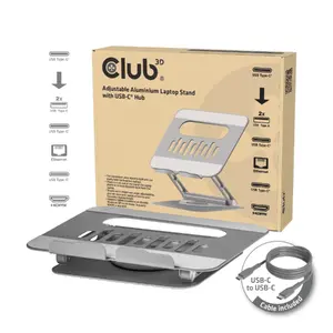 Regulējams alumīnija klēpjdatora statīvs ar USB-C koncentratoru, club 3d CSV-2554, pelēks, 260×224×56 mm