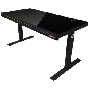 LORGAR spēļu galds ar diviem motoriem, regulējama sēdēšanas/stāvēšanas augstuma, bezvadu lādētāju, RGB, USB, rūdīta stikla virsma, melns