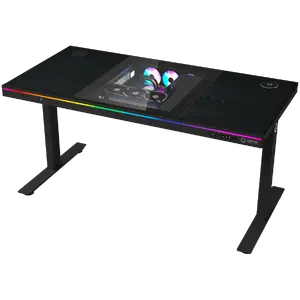 Игровой стол LORGAR LRG-DE90W с регулируемой высотой сидя/стоя, двумя моторами, встроенным корпусом ПК, беспроводной зарядкой, RGB-подсветкой, панелью управления и USB, МДФ меламин, черный