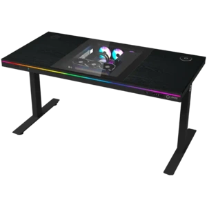 LORGAR LRG-DE90W regulējama augstuma spēļu galds ar diviem motoriem, iebūvētu datora korpusu, bezvadu lādētāju, RGB apgaismojumu un USB portiem