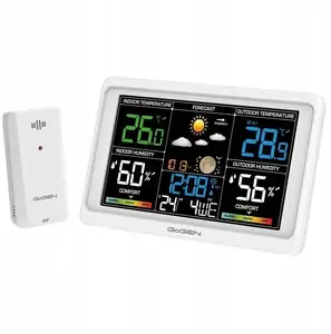 Weather station clock GoGen GOG-ME3350 — white, animated forecast, battery and mains power, alarm, calendar, moon phases