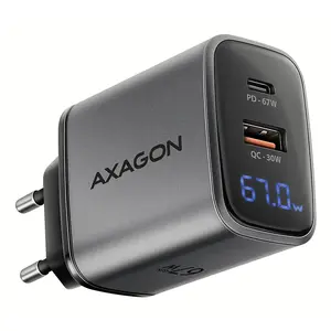 Wall charger AXAGON ACU-PQ67D, 67W, USB-C PD3.0 + USB-A QC4+, 2 outputs, LCD display, 100–240V