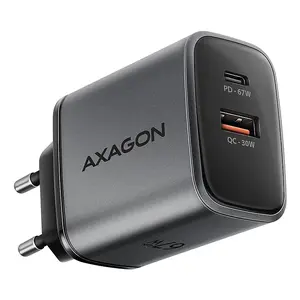 Wall charger AXAGON ACU-PQ67, 67W, PD3.0 + QC4+, 1x USB-C + 1x USB-A, 100–240V, grey/black
