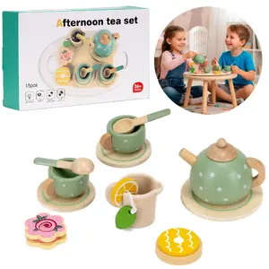 Wooden breakfast play set Springos KG0056 — 13 pcs, natural wood with green, cream, yellow and pink accents