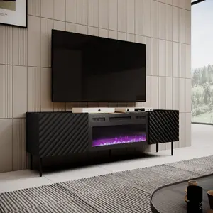 TV skapītis Cama Meble ONDA ar elektrisko kamīnu 1805×400×580 mm, melns, virsma no DSP (stāv vai pie sienas)