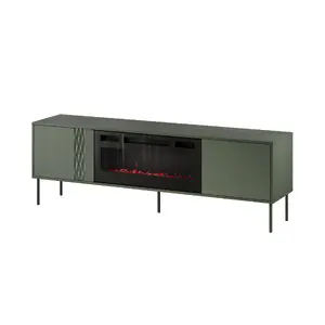 TV skapis ar kamīnu Cama Meble TRESSE 180x40x54.5 cm — matēts zaļš augšējais, skaidu plātne
