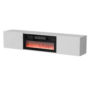TV cabinet Cama Meble LARA 183x35x37 cm, white matt top, white frame, black fireplace