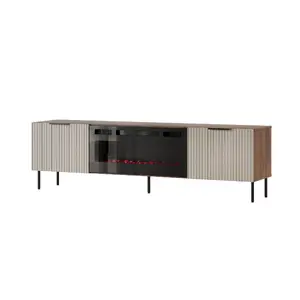 TV skapis Cama Meble ALMERA 180,5×42×52,5 cm valrieksts/kešmirs ar melnu kamīnu