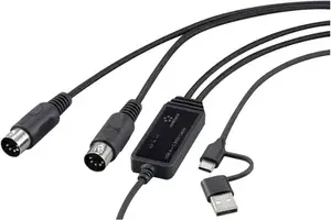 USB‑MIDI adapter cable Renkforce RF-6439636 — 2 m, 2× 5‑pin DIN male to USB‑C/USB‑A, black