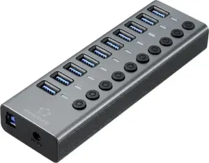 USB hub Renkforce RF-6027504 — 10-port USB-A, USB 3.1 Gen2 10 GBit/s, individually switchable ports, aluminum case, silver-black