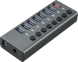 USB-хаб Renkforce RF-HUB-380 (RF-6049086) 8 портов USB-A USB 3.2 Gen2 10 Гбит/с с отдельными выключателями, индикаторы, алюминиевый корпус, серебристо‑чёрный