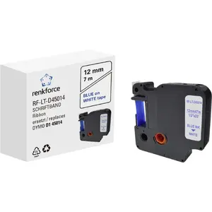 Etiķešu lenta Renkforce RF-6027814 — D1 nepārtraukta, zils uz balta, 1,2 cm × 7 m, pastāvīgā akrila līme