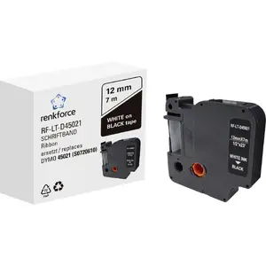 Etiķešu lente Renkforce RF-6027830, balts uz melna, nepārtraukta, 12 mm × 7 m, pastāvīgs akrila līme