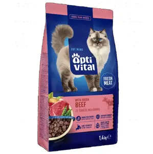 Sausais pilnvērtīgais barības kaķiem OptiVital FM ar liellopa gaļu — pieaugušajiem, 1,4 kg