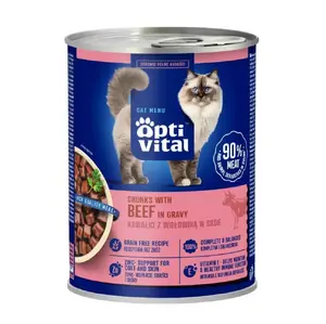 Mitrs barības produkts OptiVital pilna porcija pieaugušiem kaķiem ar liellopu gaļu mērcē 415 g
