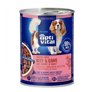 Wet dog food OptiVital 415g — adult dog chunks with beef and venison in sauce