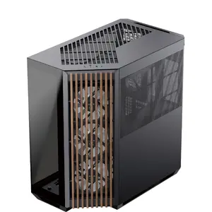 APNX Tower case V1-W-BK-v3 with two tempered glass panels and wood paneling, black