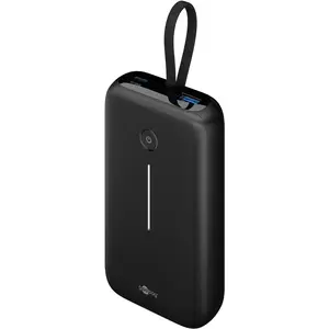 Power bank GOOBAY 20,000 mAh, 30W, integrated 13 cm USB-C cable, 1×USB-A, 2×USB-C (PD/QC), black