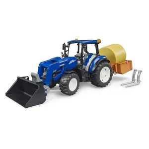 BRUDER трактор New Holland T5.120 с фронтальным погрузчиком, кузовом, вилками и рулонами, модель