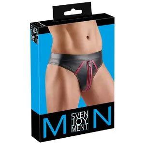 Трусики-стринг Svenjoyment M. Thong XL — чёрный wetlook с красными полосами, молния спереди, 90% полиэстер/10% спандекс, XL