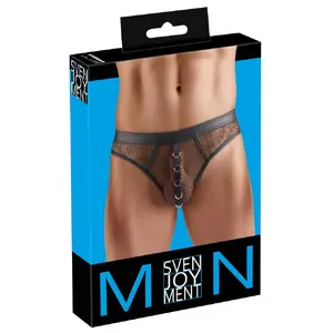 Трусики-стринги Svenjoyment M. Thong Net 3XL — чёрная сетка, вставки в wetlook, 5 золотистых колец, размер 3XL