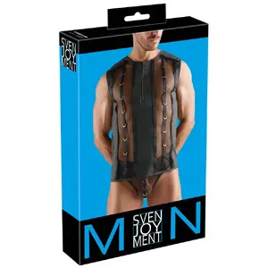Мужская бесшовная майка-сетка Svenjoyment Men's Net Shirt M — чёрная, сетка (90% полиэстер, 10% спандекс) с wetlook-панелями и фронтальной молнией, размер M