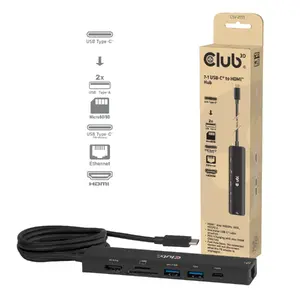 USB-C uz HDMI HUB CLUB3D 7-1 — vadu, Gigabit Ethernet, melns, 136×34×94.5 mm