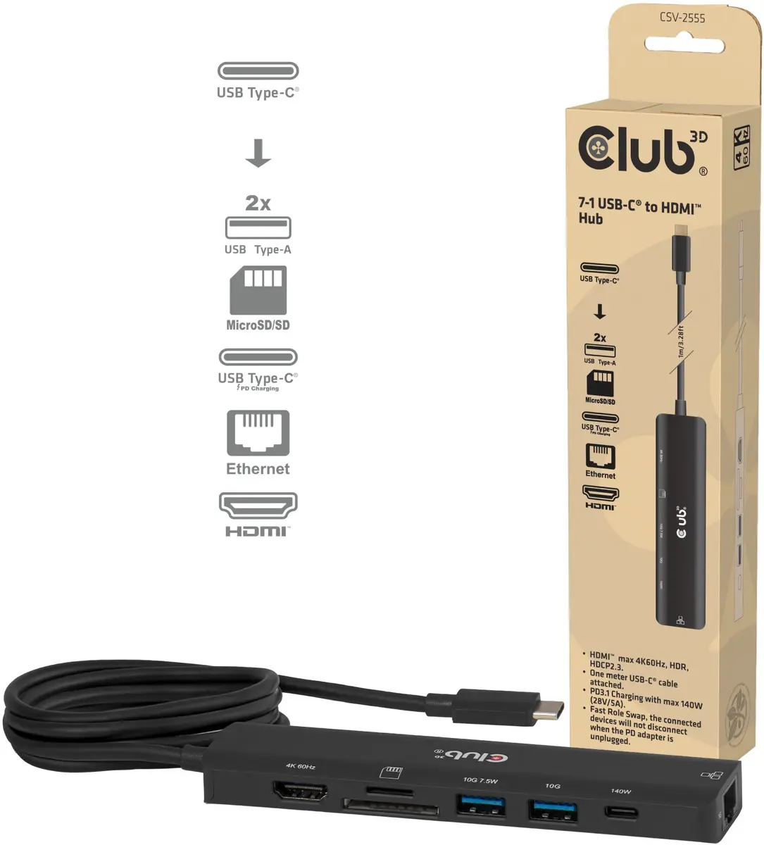 CLUB3D CSV-2555 7-in-1 USB-C centrmezgls ar