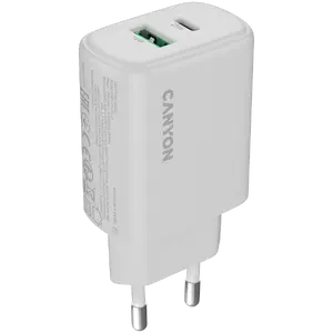 Wall charger CANYON OnCharge 250 25W with 1x USB‑C PD and 1x USB‑A QC, EU plug, white